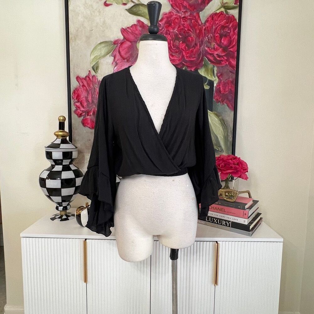 HYFVE Women's Wrap Dramatic Ruffle Bell Sleeve Cropped Top Black Size Small